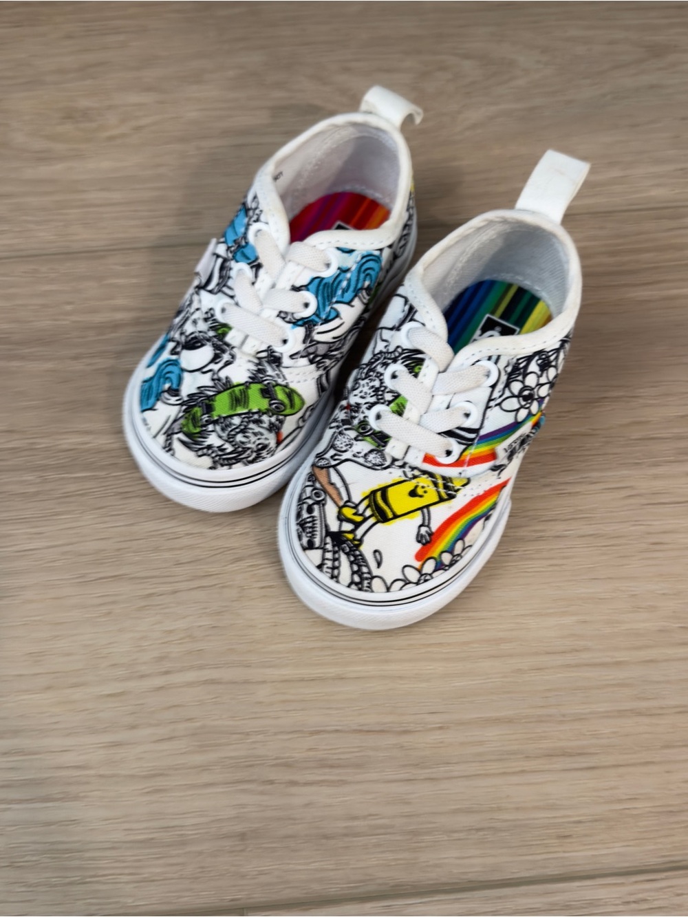 Vans White Canvas Kids Sneakers with Rainbow & Multicolor Character Graphics
